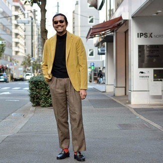 Loafers Outfits For Men: For an ensemble that's elegant and wow-worthy, go for a mustard corduroy blazer and khaki check wool dress pants. Look at how well this outfit goes with loafers.