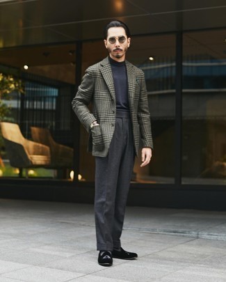 Charcoal Dress Pants Outfits For Men: An olive houndstooth wool blazer looks so classy when worn with charcoal dress pants. We adore how this whole look comes together thanks to black embroidered velvet loafers.
