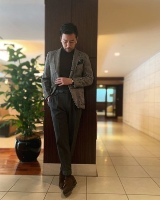 White and Black Houndstooth Wool Blazer Outfits For Men: Pairing a white and black houndstooth wool blazer and charcoal dress pants is a fail-safe way to breathe personality into your closet. Dark brown suede double monks complement this outfit very well.