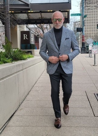 Black Dress Pants Outfits For Men: Rock a grey houndstooth blazer with black dress pants for rugged elegance with a modern twist. Introduce dark brown leather monks to the equation and you're all set looking killer.
