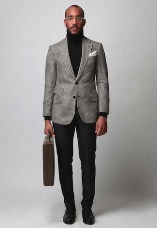 Tobacco Leather Briefcase Outfits: A grey check blazer and a tobacco leather briefcase are indispensable staples if you're picking out an off-duty wardrobe that matches up to the highest style standards. Shake up your ensemble with a smarter kind of shoes, such as this pair of black leather derby shoes.