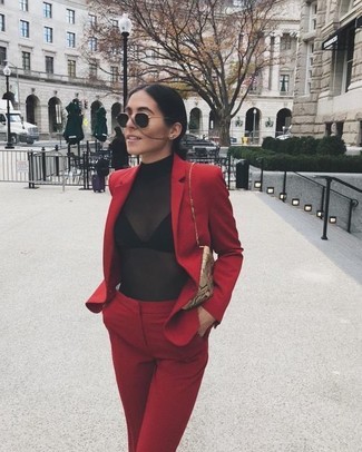 Red Dress Pants Outfits For Women: This combo of a red blazer and red dress pants is a fail-safe option when you need to look stylish in a flash.