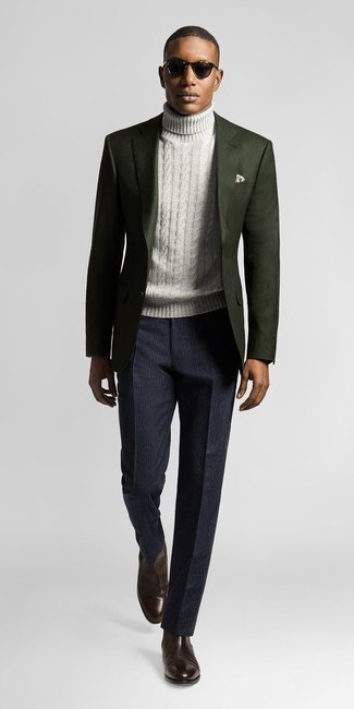 Men's Dark Green Blazer, White Knit Wool Turtleneck, Navy Vertical Striped Dress Pants, Dark Brown Leather Chelsea Boots