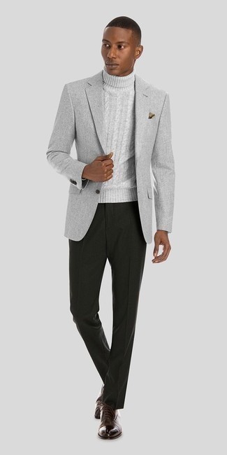 Grey Knit Turtleneck Outfits For Men: A grey knit turtleneck and charcoal dress pants are among the unshakeable foundations of any properly edited wardrobe. Rev up this whole look by sporting a pair of dark brown leather oxford shoes.