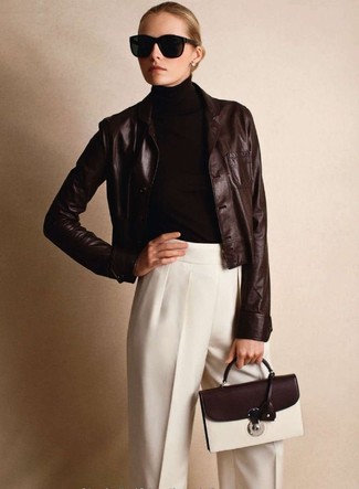 Women's Dark Brown Leather Blazer, Dark Brown Turtleneck, White Dress Pants, Dark Brown Leather Satchel Bag