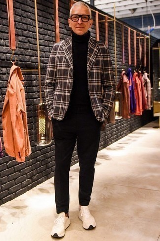 Dark Brown Plaid Blazer Outfits For Men: This elegant pairing of a dark brown plaid blazer and black dress pants is a favored choice among the sartorially superior chaps. Let your styling sensibilities truly shine by rounding off with a pair of white and black athletic shoes.