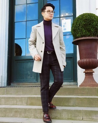 Dark Purple Turtleneck Outfits For Men: As you can see, looking effortlessly sleek doesn't require that much effort. Try teaming a dark purple turtleneck with navy plaid dress pants and you'll look awesome. On the fence about how to finish off your look? Round off with a pair of burgundy leather loafers to kick up the wow factor.