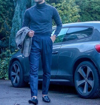 Blue Wool Turtleneck Outfits For Men: Putting together a blue wool turtleneck with blue dress pants is a great choice for a dapper and elegant ensemble. A pair of navy leather double monks is a great idea to round off this getup.