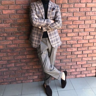 Tan Plaid Wool Blazer Outfits For Men: This pairing of a tan plaid wool blazer and grey dress pants is the definition of sophistication. A pair of dark brown suede loafers is a smart idea to complete your outfit.
