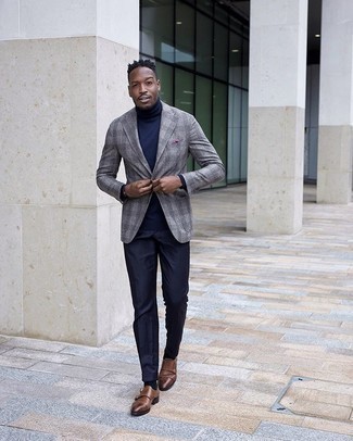 Tobacco Leather Double Monks Outfits: A grey plaid wool blazer and navy dress pants are absolute must-haves if you're putting together a classy wardrobe that holds to the highest menswear standards. Our favorite of a ton of ways to complete this ensemble is tobacco leather double monks.
