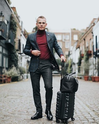 Black Suitcase Outfits For Men: Prove that nobody does casual quite like you do by opting for a navy plaid wool blazer and a black suitcase. Black leather chelsea boots are the most effective way to punch up this ensemble.