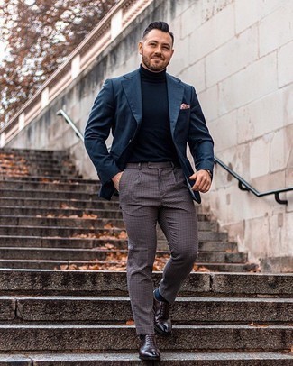 Burgundy Leather Oxford Shoes Outfits: Go for a navy blazer and multi colored check dress pants and you'll ooze class and polish. Burgundy leather oxford shoes are a surefire way to breathe a touch of polish into your outfit.