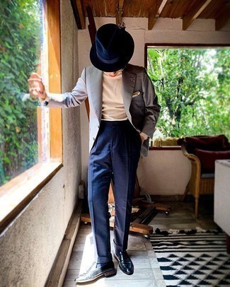 Navy Wool Hat Outfits For Men: Go for a grey blazer and a navy wool hat to get an urban and practical ensemble. A pair of navy leather loafers will put an elegant spin on this outfit.