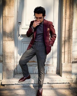 Charcoal Check Wool Dress Pants Outfits For Men: This elegant combination of a burgundy blazer and charcoal check wool dress pants will cement your outfit coordination expertise. Our favorite of an endless number of ways to finish off this outfit is burgundy leather tassel loafers.