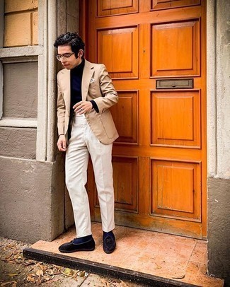 Navy Velvet Loafers Outfits For Men: Wear a tan blazer with beige check dress pants for a classic and sophisticated silhouette. Complement this look with navy velvet loafers for extra style points.