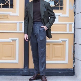 Dark Green Blazer Outfits For Men: We're loving how this combination of a dark green blazer and blue dress pants instantly makes you look polished and sharp. When not sure about the footwear, go with dark brown leather derby shoes.