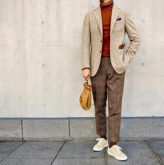 Beige Suede Low Top Sneakers Outfits For Men: This combination of a beige wool blazer and olive plaid wool dress pants is really dapper and creates instant appeal. You can get a bit experimental in the shoe department and throw beige suede low top sneakers in the mix.