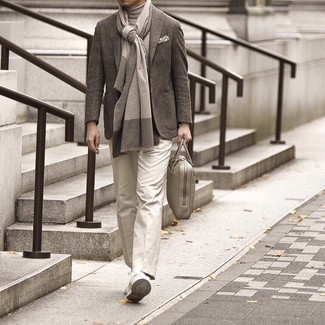 Grey Leather Briefcase Outfits: This combination of a charcoal plaid wool blazer and a grey leather briefcase looks amazing and immediately makes you look cool. A nice pair of beige suede low top sneakers is a simple way to inject a touch of polish into your ensemble.