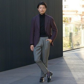 Dark Purple Blazer Outfits For Men: You're looking at the indisputable proof that a dark purple blazer and grey dress pants look amazing when combined together in an elegant getup for today's gentleman. Introduce black leather loafers to the equation and ta-da: the look is complete.