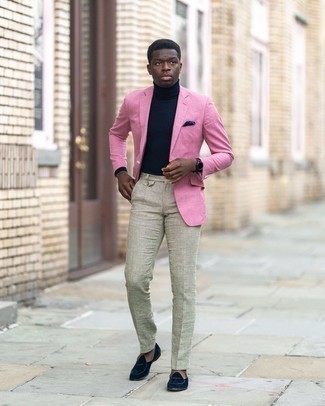 Navy Velvet Loafers Outfits For Men: Wear a pink blazer with grey check dress pants for a sleek sophisticated look. Add navy velvet loafers to the mix for extra fashion points.