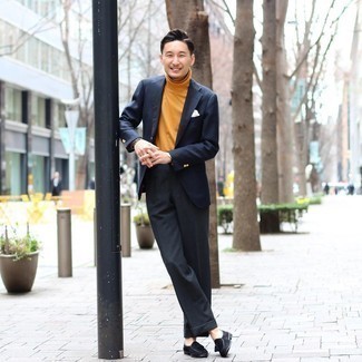 Dark Brown Leather Bracelet Outfits For Men: A navy blazer and a dark brown leather bracelet are a smart getup to add to your current off-duty repertoire. For extra style points, introduce black suede tassel loafers to the equation.