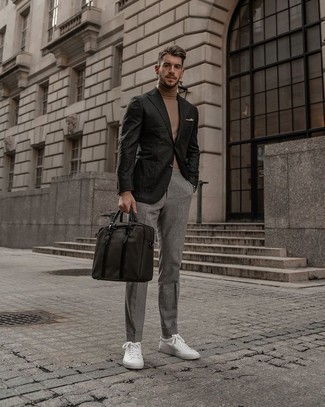 Grey Plaid Blazer Outfits For Men: This combo of a grey plaid blazer and grey wool dress pants comes to rescue when you need to look like a refined gentleman. White canvas low top sneakers are the simplest way to punch up your look.