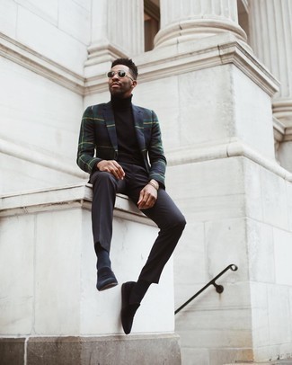 Black Velvet Loafers Outfits For Men: Combining a navy and green plaid blazer and charcoal dress pants is a guaranteed way to inject your daily arsenal with some rugged elegance. Complement your ensemble with a pair of black velvet loafers and ta-da: your getup is complete.