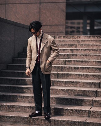 Dark Brown Leather Tassel Loafers Outfits: Marrying a tan plaid blazer and black dress pants is a fail-safe way to inject your closet with some masculine refinement. Let your outfit coordination credentials really shine by finishing this ensemble with a pair of dark brown leather tassel loafers.