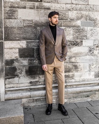 Black Turtleneck Outfits For Men: This sophisticated pairing of a black turtleneck and khaki dress pants is a favored choice among the dapper men. A pair of black leather derby shoes is a winning footwear option here that's full of personality.