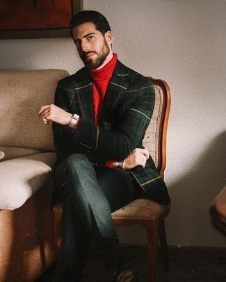 Red Wool Turtleneck Outfits For Men: This combination of a red wool turtleneck and dark green dress pants couldn't possibly come across as anything other than ridiculously stylish and sophisticated. For extra style points, complete your look with a pair of black leather derby shoes.