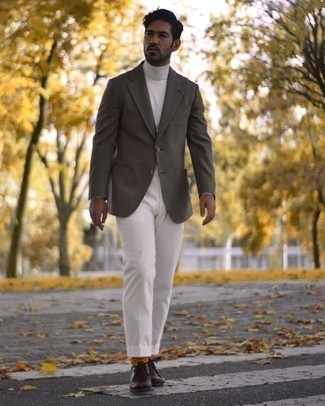 Men's Grey Horizontal Striped Wool Blazer, White Turtleneck, White Corduroy Dress Pants, Dark Brown Leather Desert Boots