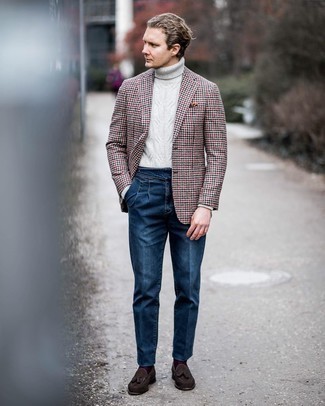 Multi colored Houndstooth Blazer Outfits For Men: Putting together a multi colored houndstooth blazer with navy dress pants is a savvy pick for a smart and classy look. Dark brown suede tassel loafers pull the ensemble together.