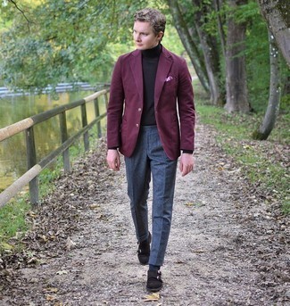 Charcoal Wool Dress Pants Outfits For Men: You'll be amazed at how easy it is to throw together this sophisticated getup. Just a purple blazer teamed with charcoal wool dress pants. Complete your look with dark brown suede double monks and the whole outfit will come together quite nicely.