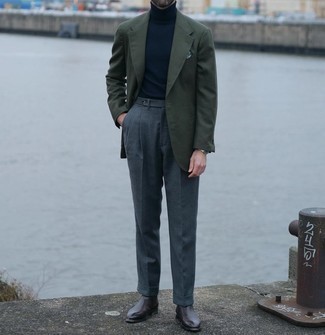 Charcoal Wool Dress Pants Outfits For Men: Marrying a dark green wool blazer and charcoal wool dress pants is a guaranteed way to inject your wardrobe with some rugged sophistication. Complete your getup with dark brown leather chelsea boots to add an air of stylish casualness to your look.