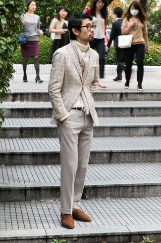 Monks Outfits: For a look that's polished and Bond-worthy, pair a beige plaid blazer with grey dress pants. When it comes to footwear, this look is rounded off well with monks.