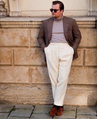 Tobacco Suede Tassel Loafers Outfits: You're looking at the undeniable proof that a brown plaid blazer and beige dress pants are amazing when worn together in a refined getup for a modern dandy. If in doubt as to the footwear, stick to tobacco suede tassel loafers.