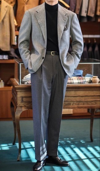 Men's Grey Vertical Striped Wool Blazer, Black Turtleneck, Charcoal Wool Dress Pants, Charcoal Leather Oxford Shoes