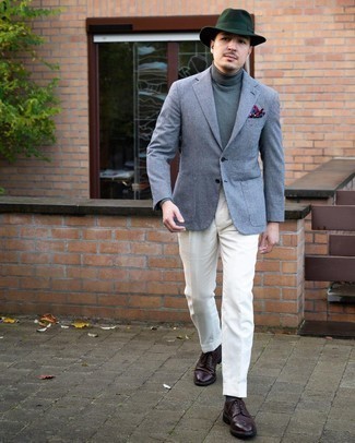 Men's White and Navy Houndstooth Blazer, Grey Turtleneck, White Dress Pants, Burgundy Leather Brogues