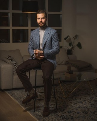 Dark Brown Dress Pants Outfits For Men: For an ensemble that's polished and GQ-worthy, consider wearing a blue houndstooth blazer and dark brown dress pants. Let your sartorial prowess truly shine by rounding off your getup with a pair of dark brown suede loafers.