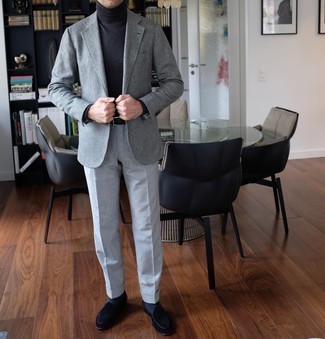 Grey Wool Blazer Outfits For Men: You're looking at the hard proof that a grey wool blazer and grey dress pants are awesome when married together in a refined outfit for a modern gent. Complete this outfit with a pair of black suede loafers and the whole getup will come together.