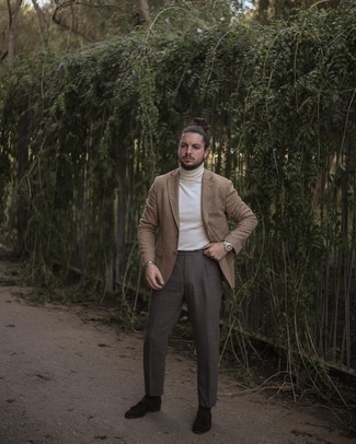 White Turtleneck Spring Outfits For Men: You can be sure you'll look extra dapper in a white turtleneck and charcoal dress pants. Dark brown suede tassel loafers are a great pick to round off this look. With the departure of winter come warmer days and the need for a cool getup just like this one.