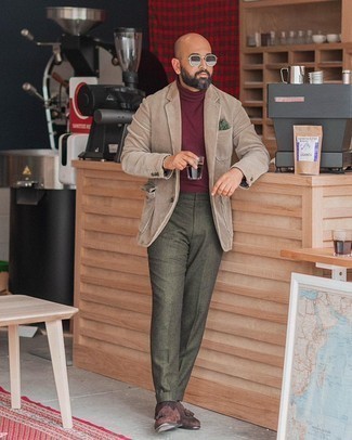 Burgundy Turtleneck Dressy Outfits For Men: Reach for a burgundy turtleneck and olive dress pants for a neat elegant outfit. A pair of dark brown suede tassel loafers can integrate perfectly within a myriad of ensembles.