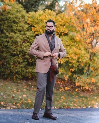 Tan Plaid Wool Blazer Outfits For Men: A tan plaid wool blazer and charcoal dress pants are essential in a smart man's closet. Finishing off with a pair of burgundy leather oxford shoes is a simple way to introduce some extra zing to your ensemble.