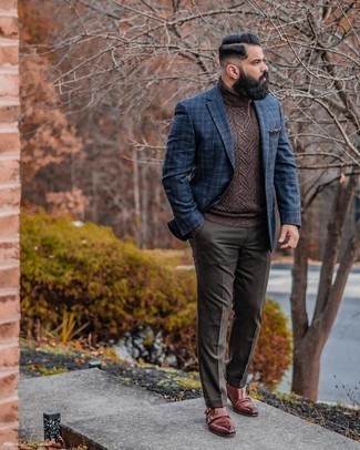 Dark Brown Knit Wool Turtleneck Outfits For Men: For masculine refinement with a clear fashion twist, try teaming a dark brown knit wool turtleneck with dark brown dress pants. Kick up this whole look by rocking a pair of brown leather double monks.