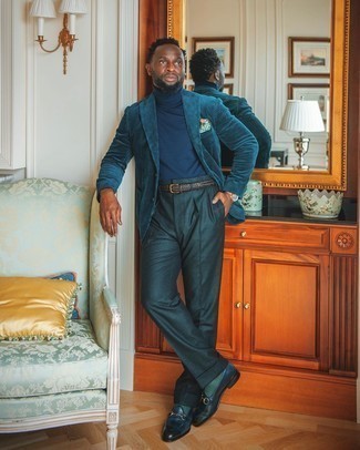 Navy Dress Pants Outfits For Men: Marrying a teal corduroy blazer with navy dress pants is an amazing pick for a dapper and refined ensemble. Navy leather loafers are a stylish accompaniment for your ensemble.