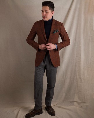 Tobacco Check Blazer Outfits For Men: A tobacco check blazer and charcoal dress pants are essential in any man's closet. A pair of dark brown leather derby shoes is a good pick to finish off this ensemble.