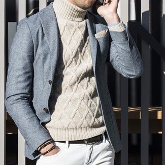 Men's Grey Wool Blazer, Beige Knit Turtleneck, White Jeans, Beige Pocket Square