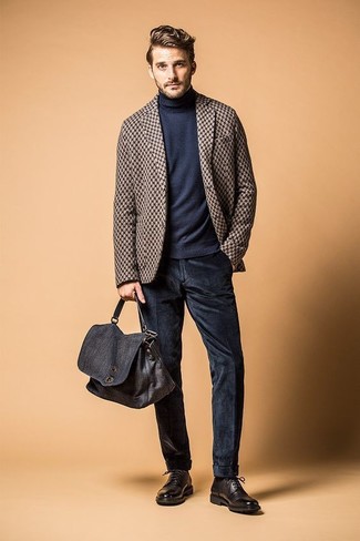 Navy Corduroy Jeans Outfits For Men: We give a huge thumbs up to this laid-back combo of a brown check wool blazer and navy corduroy jeans! You know how to smarten up this ensemble: black leather derby shoes.