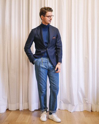 Multi colored Pocket Square Outfits: Rock a navy blazer with a multi colored pocket square for a contemporary and fashionable look. You could perhaps get a little creative on the shoe front and add a pair of white low top sneakers to your outfit.