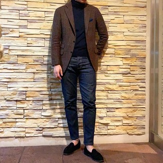 Dark Brown Gingham Blazer Outfits For Men: This combination of a dark brown gingham blazer and navy jeans is proof that a simple casual look doesn't have to be boring. Complete this look with black suede loafers to shake things up.